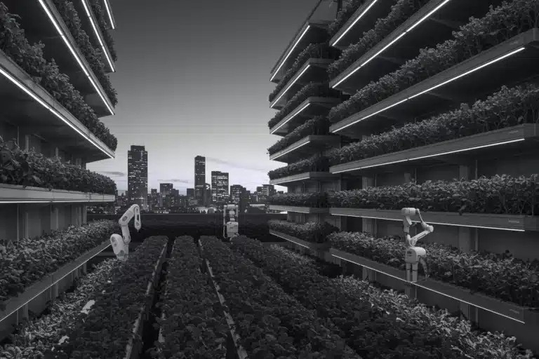 Agricultura vertical urbana con robots y luces LED, futuro de la alimentación