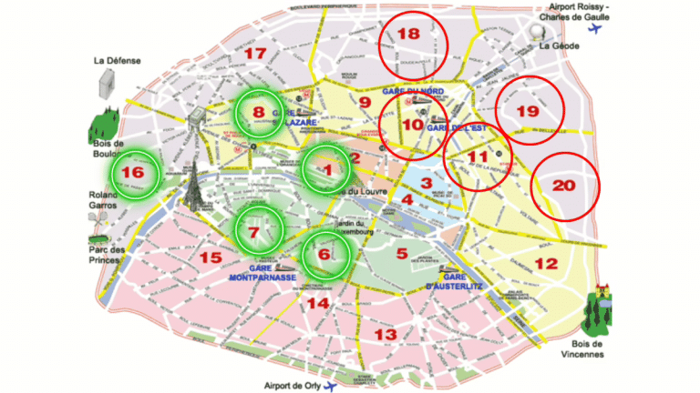 Mapa de París con distritos 1-20 destacados y principales estaciones de tren