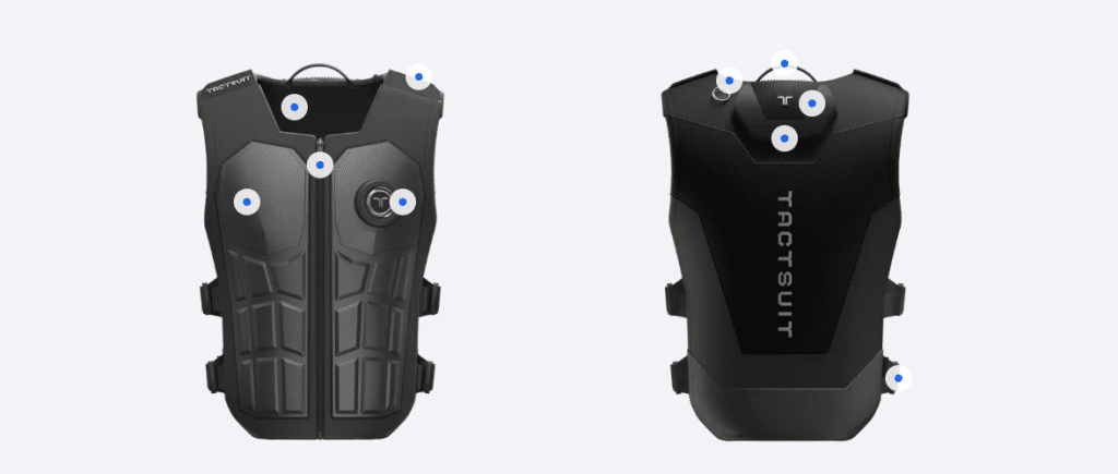 Chaleco háptico TactSuit Pro de bHaptics, vista frontal y trasera con 32 actuadores para VR