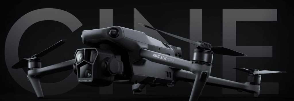 Primer plano del dron DJI Mavic 3 Pro Cine con cámara Hasselblad