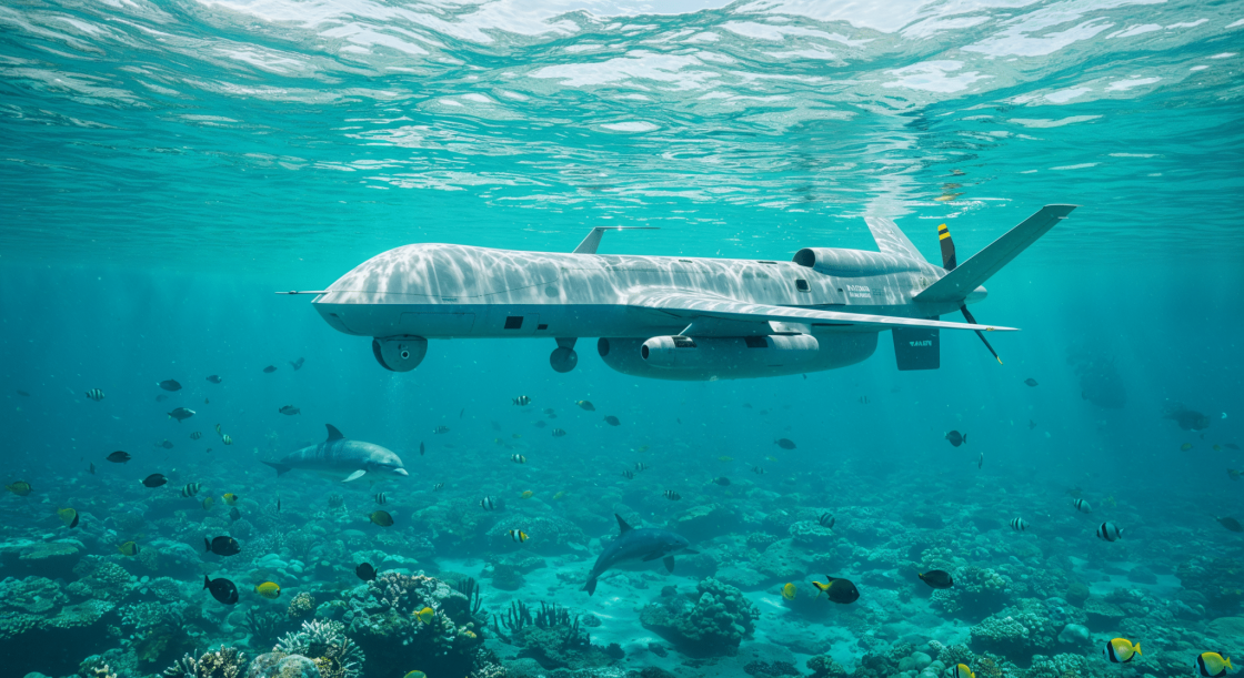 Drone militar comercial de reconocimiento bajo el agua con delfines y arrecife
