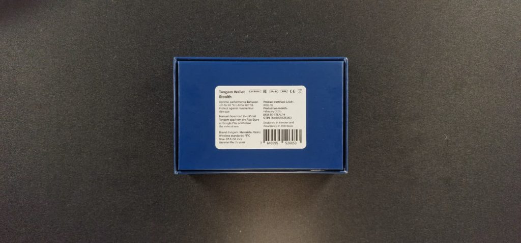 Caja azul de billetera fría Tangem Stealth con chip EAL6+ y NFC