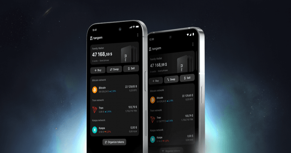 App móvil Tangem Wallet mostrando saldo y redes cripto; billetera fría NFC para custodia segura de criptomonedas