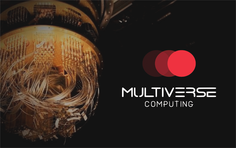 Procesador cuántico y logo de Multiverse Computing en España