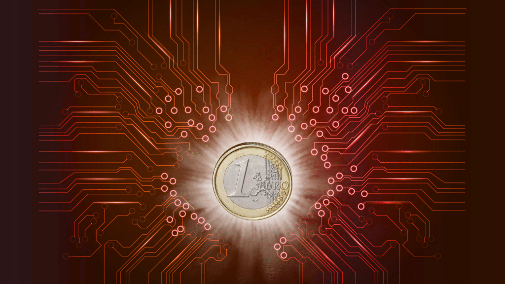 Moneda de 1 euro rodeada de circuitos, símbolo del Euro Digital y ciberataques