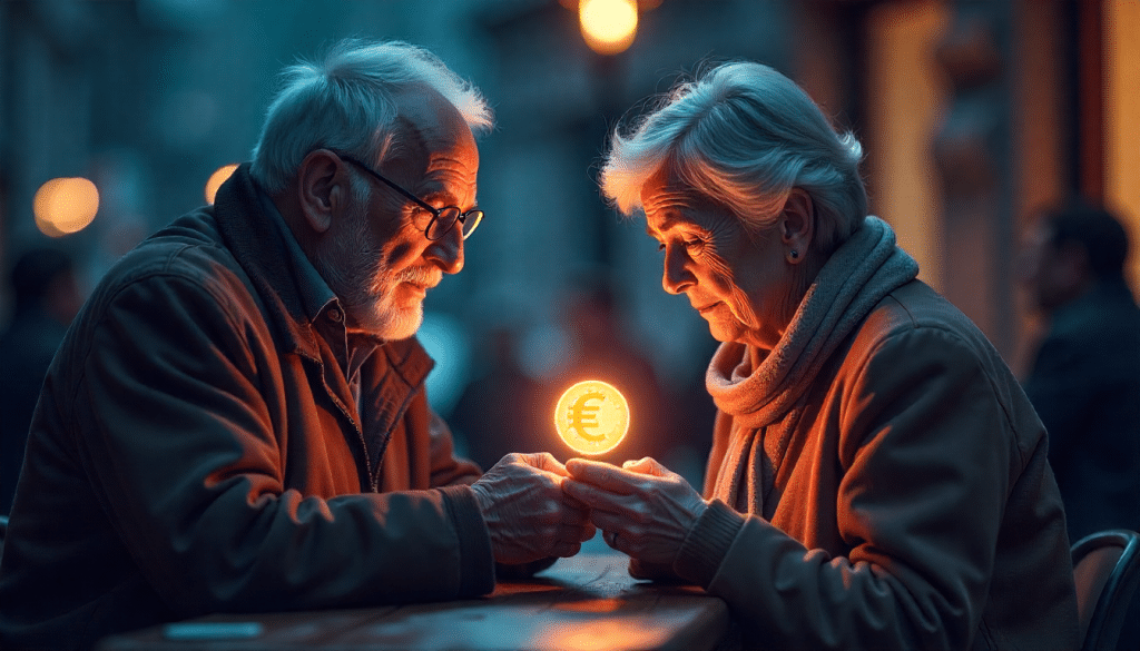 Mayores sostienen moneda luminosa con símbolo del Euro Digital en una mesa