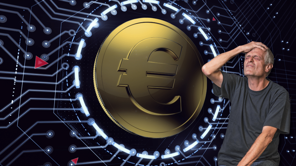 Moneda de euro digital con circuitos y hombre preocupado por finanzas cripto