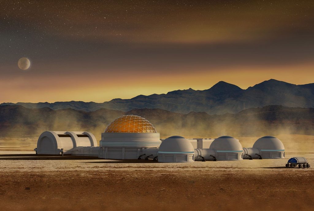 Colonia marciana con cúpulas y rover al atardecer, ilustración del futuro del espacio y la colonización espacial.