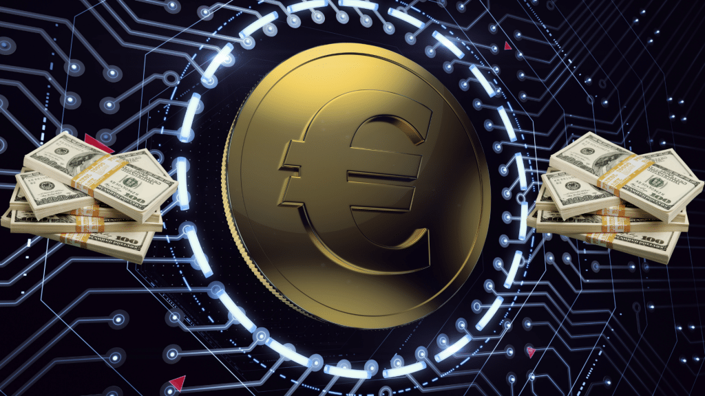 Moneda euro dorada rodeada de circuitos digitales y billetes de dólar, Euro Digital CBDC