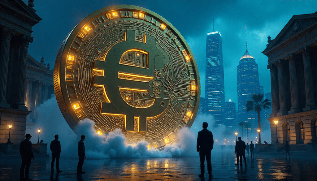 Euro Digital del BCE como moneda gigante en ciudad, simbolizando CBDC, control y riesgos
