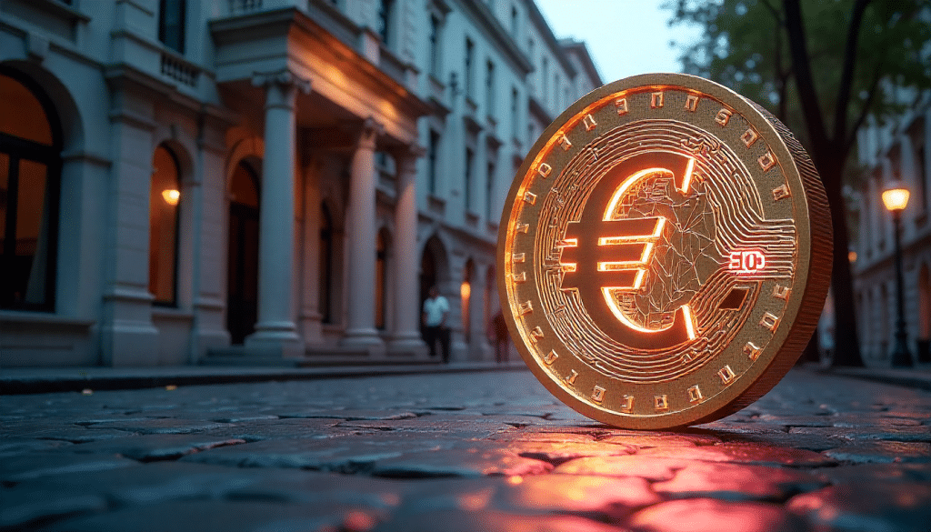 Moneda Euro Digital con circuitos brillantes frente a banco europeo, CBDC del BCE