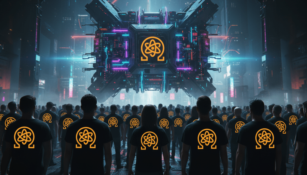 Ciudad cyberpunk, multitud mirando máquina cuántica; símbolo cripto, blockchain post-cuántica QRL