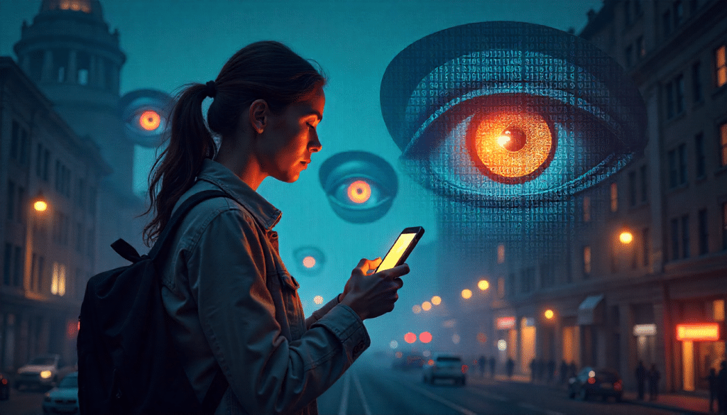 Mujer con móvil vigilada por ojos digitales: privacidad y control en el Euro Digital del BCE