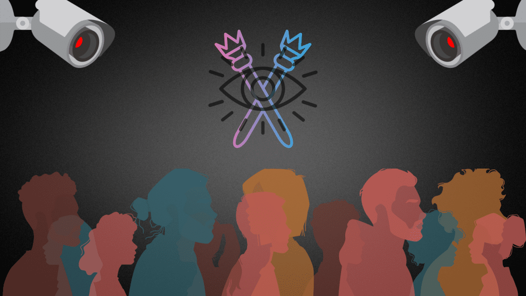 Vigilancia masiva: cámaras, ojo y siluetas de personas bajo control social con IA