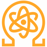 Ícono amarillo de átomo y omega, QRL blockchain resistente a computación cuántica