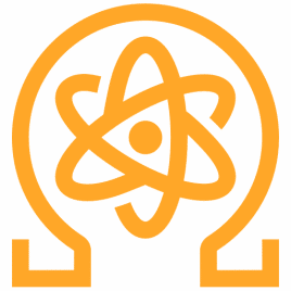 Ícono amarillo de átomo y omega, QRL blockchain resistente a computación cuántica