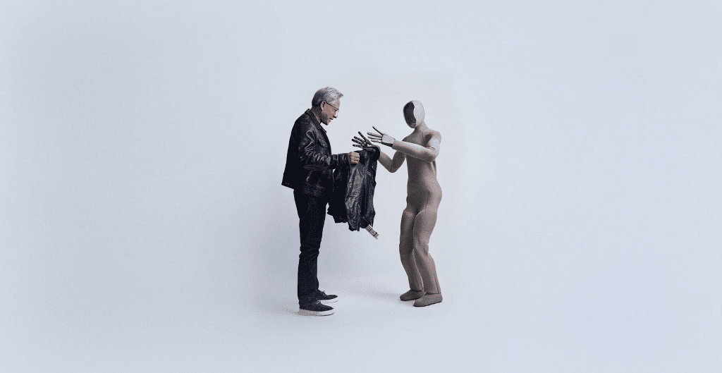 Neo, robot humanoide de 1X, recibe una chaqueta de un hombre