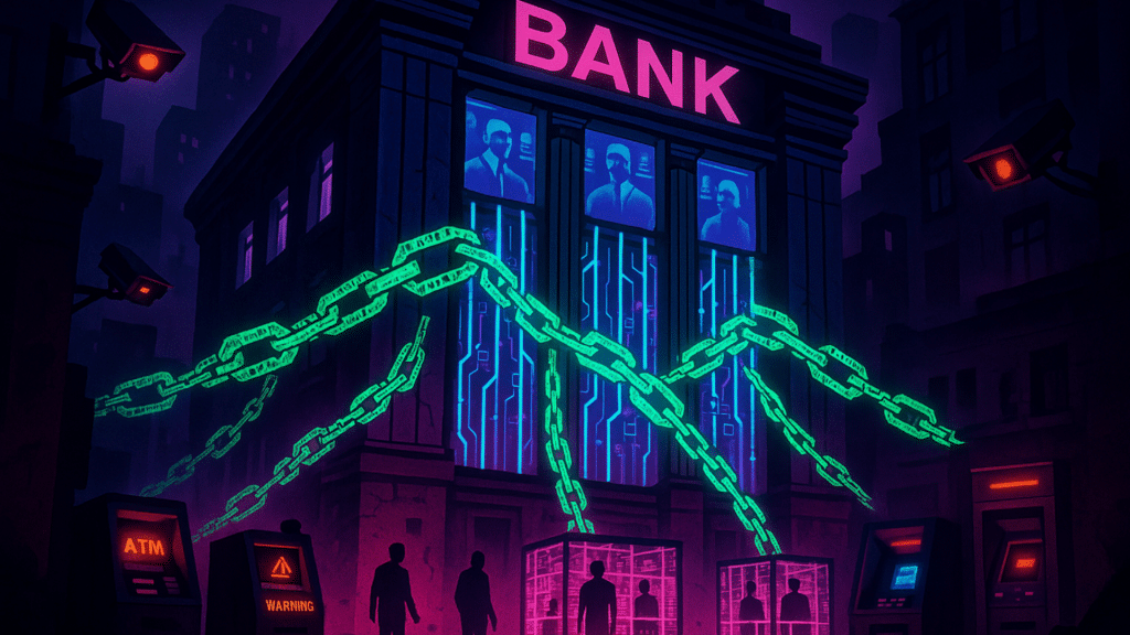 Fachada de banco con cadenas y cámaras, vigilancia financiera, CBDC y euro digital