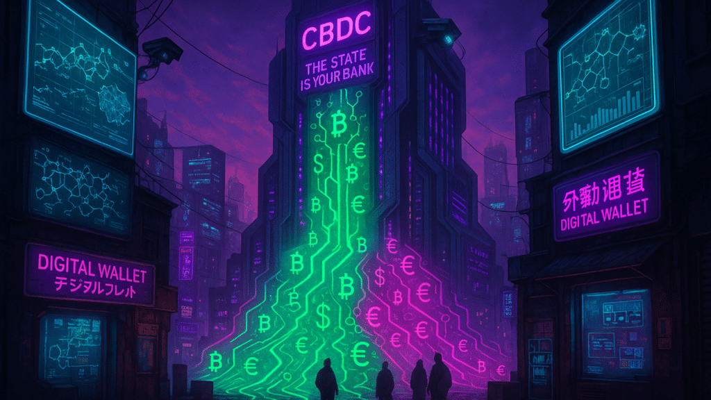 El Amanecer de las CBDC: Cuando el Estado se Convierte en tu Banco - Representa un edificio gubernamental masivo del cual fluyen redes de moneda digital conectando con los ciudadanos bajo vigilancia.