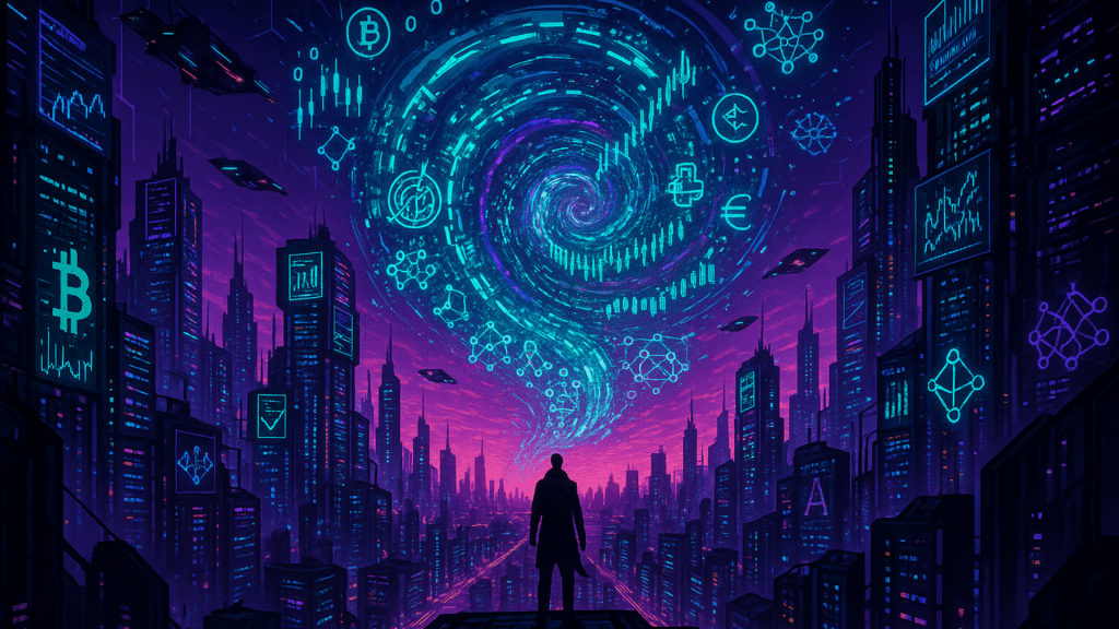 Ciudad futurista con símbolos de criptomonedas y euro digital (CBDC), ilustrando el futuro del dinero