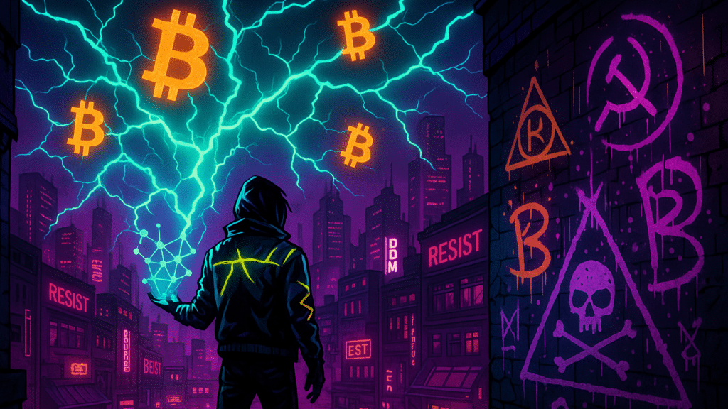 Ciudad ciberpunk con figura encapuchada, relámpagos y logos de Bitcoin iluminando el cielo