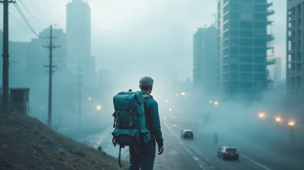 Un hombre observa desde una zona elevada la ciudad en la penumbra junto a su mochila.