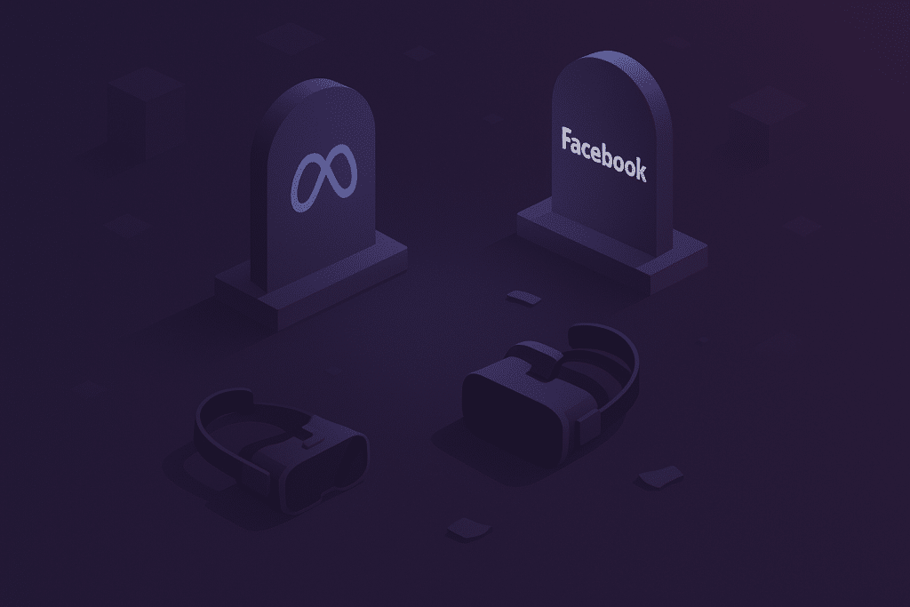 Cementerio del metaverso con visores de realidad virtual y lápidas Meta y Facebook