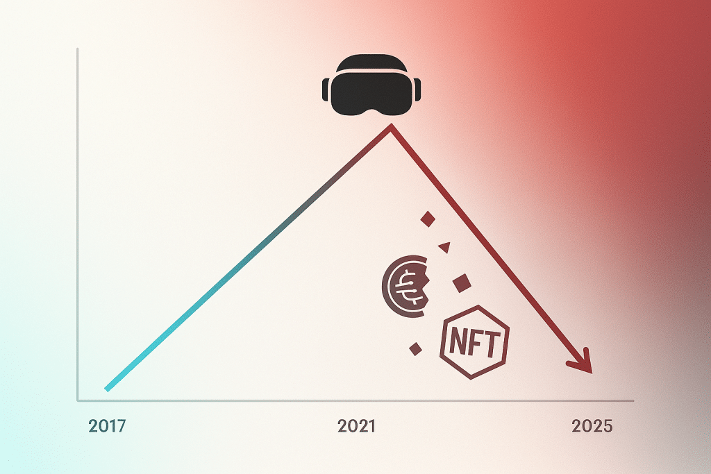 Gráfico del auge y caída del metaverso 2017–2025, realidad virtual y NFTs