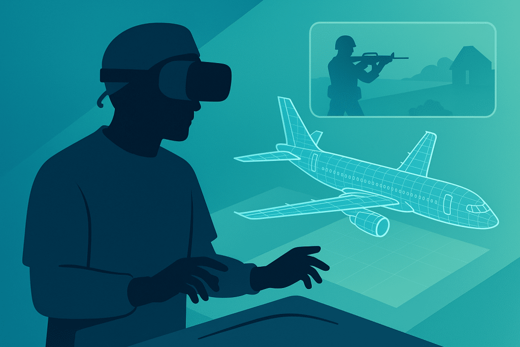 Cirujano con VR operando en espacio virtual Holograma de avión Boeing Simulación militar en fondo Gradiente azul-verde, estilo corporativo profesional