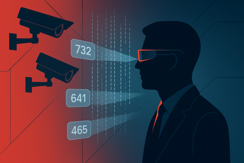 Silueta humana con gafas AR Cámaras de vigilancia Puntuaciones de crédito social flotantes Gradiente rojo-azul ominoso, estética distópica