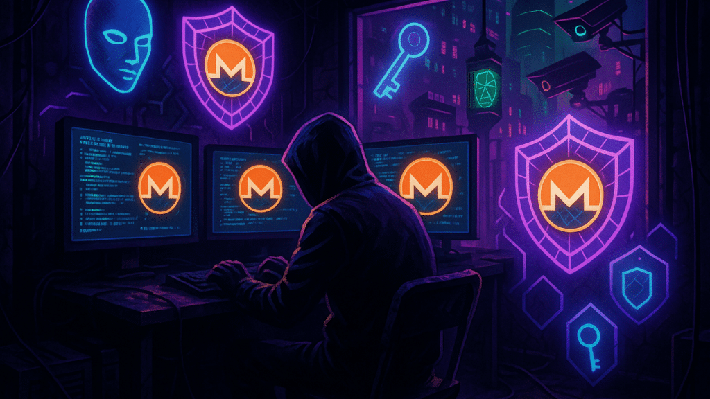 Monero y las Herramientas de la Resistencia: La Batalla por la Privacidad - Muestra un hacker encapuchado rodeado de escudos de privacidad y código encriptado, contrastando con una ciudad vigilada.