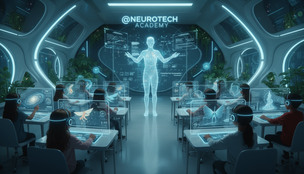 Varios niños atienden en clase de neurotecnología conectados a la red neuronalmente.