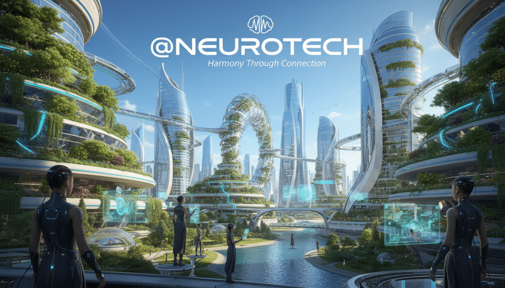 Varias personas observan neuroconectadas las ciudades del futuro