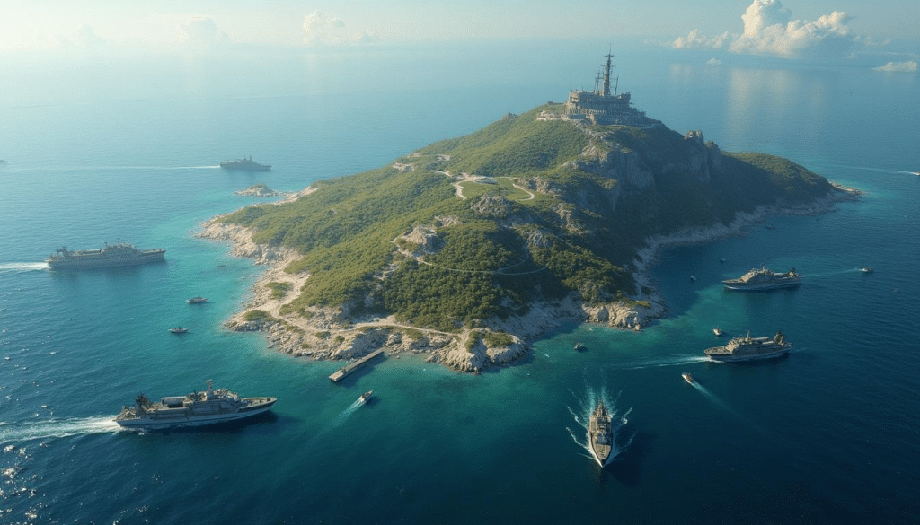 Isla militar con base fortificada y flota naval alrededor