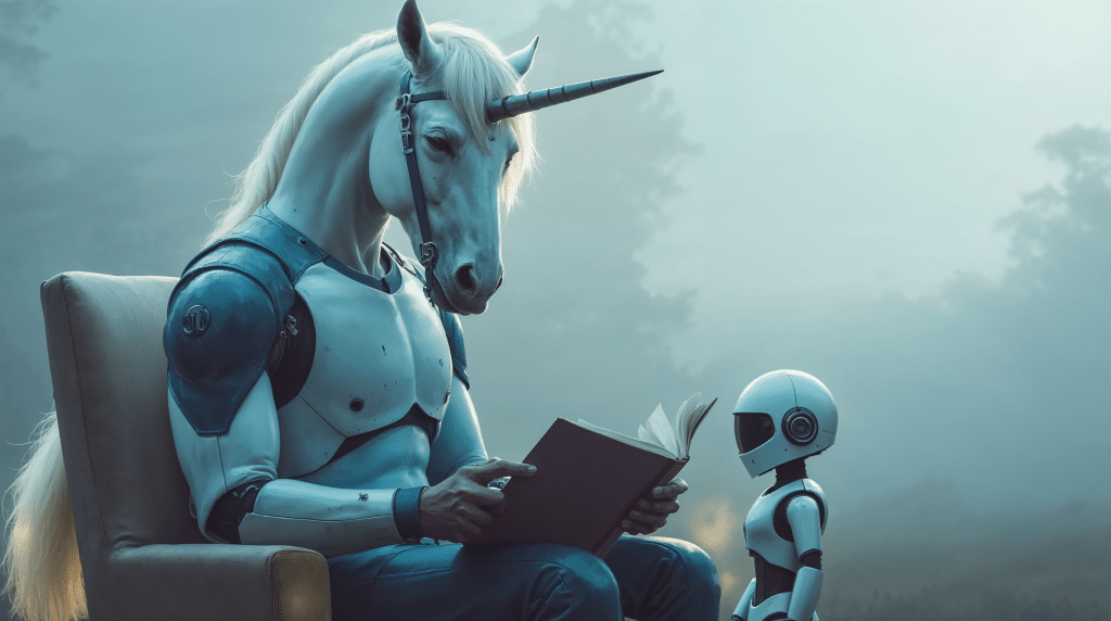 Ciborg unicornio leyendo un libro a un pequeño robot, metáfora de inteligencia artificial, cerebro y deuda cognitiva
