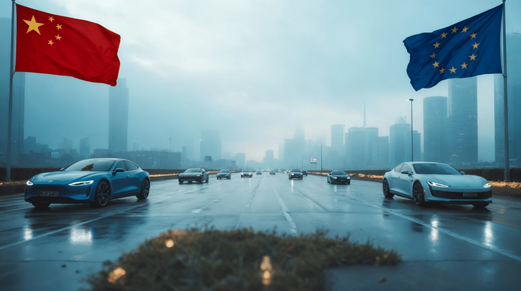 Autopista con coches eléctricos, banderas de China y la Unión Europea