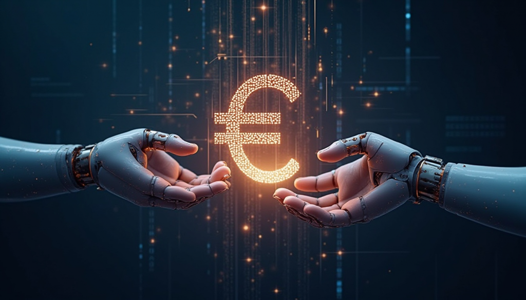 Manos robóticas rodean un euro digital, metáfora de banca, control del consumo y huella de carbono