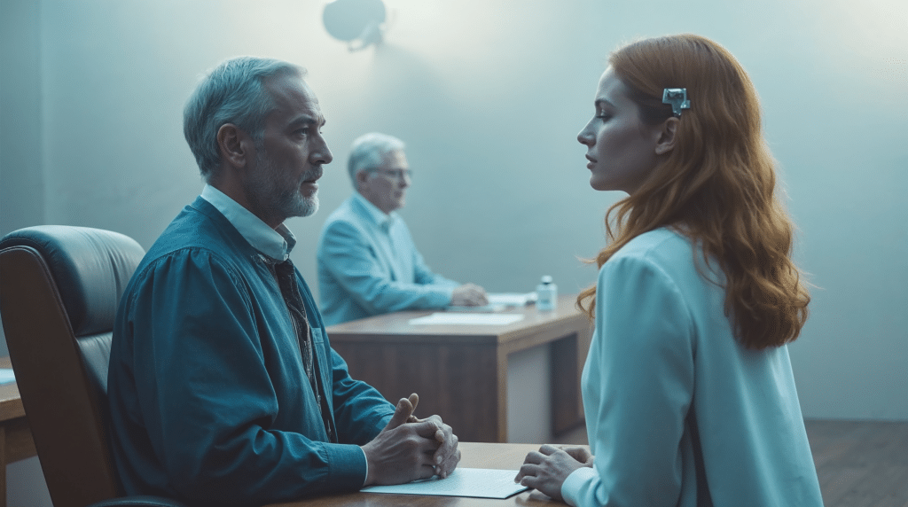 Ilustración conceptual en un tribunal: juez y abogada dialogan durante una audiencia