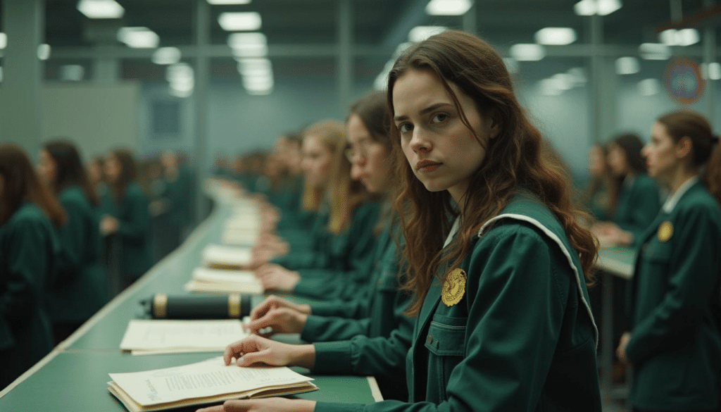 Estudiantes en uniforme trabajando y leyendo en fila, educación y automatización en el futuro de España 2025-2100