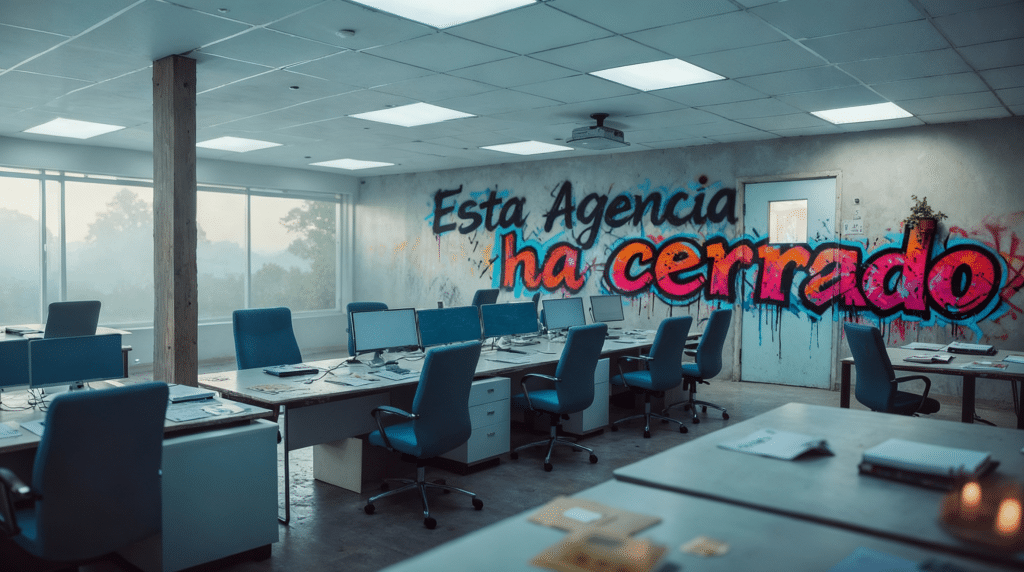 Oficina de marketing vacía con grafiti: Esta agencia ha cerrado