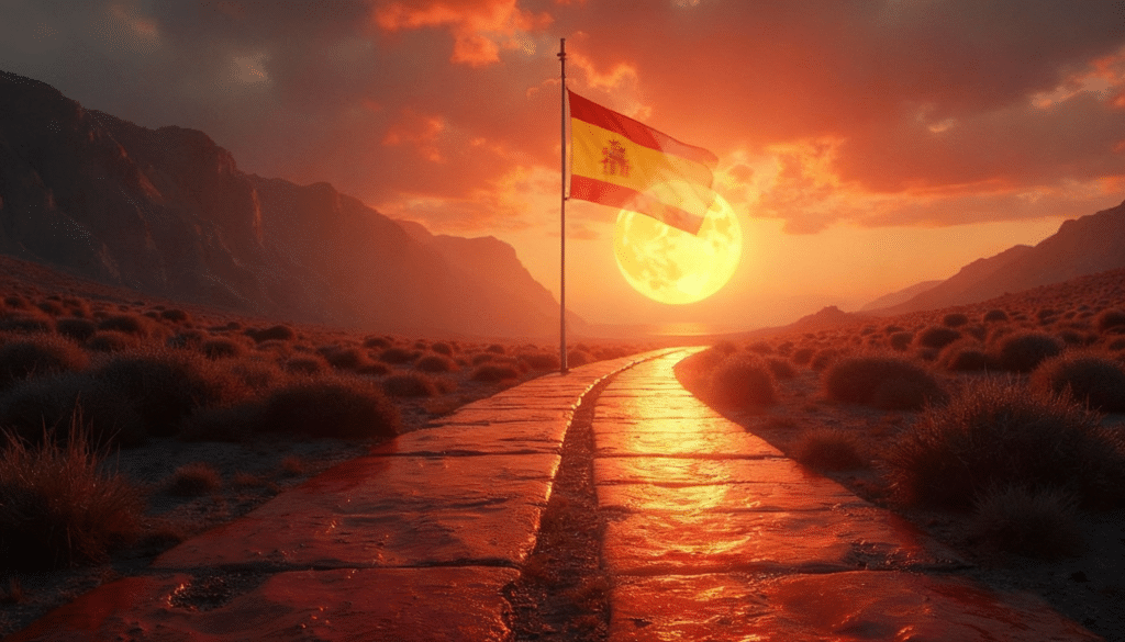 Bandera de España al atardecer en paisaje árido, camino hacia un futuro de desertificación y cambio climático