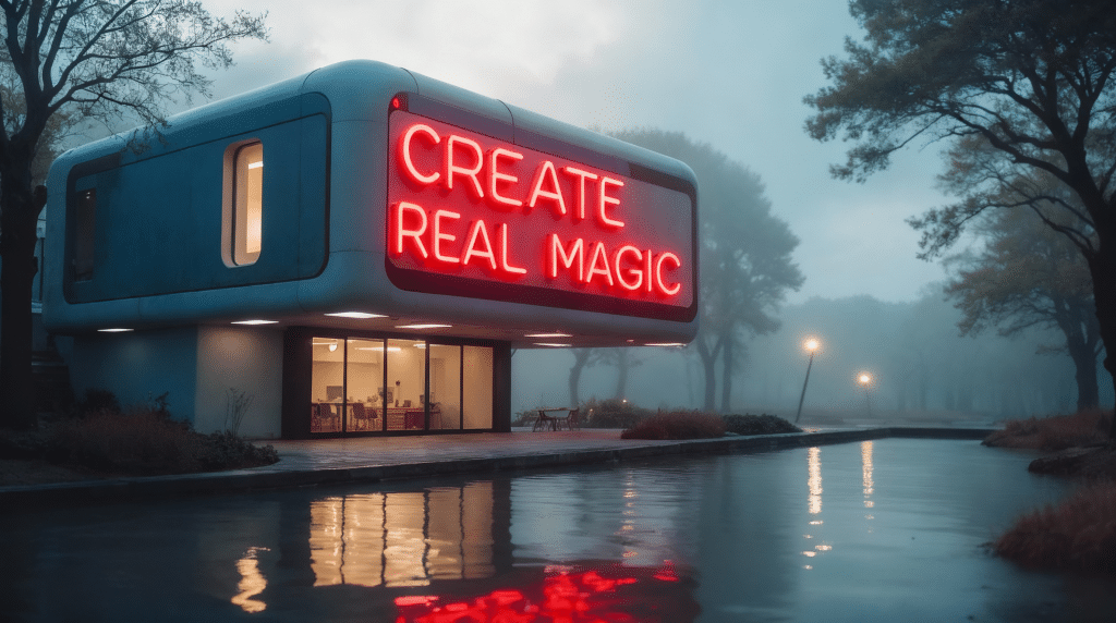 Edificio futurista nocturno con letrero neón 'Create Real Magic' de Coca-Cola, niebla y estanque