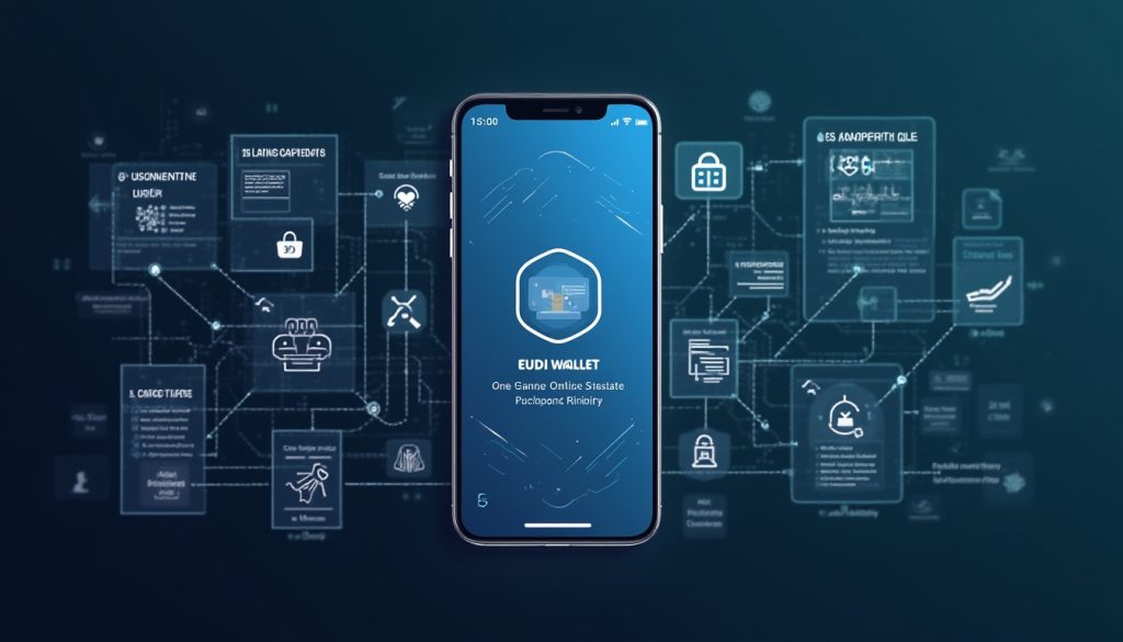 Cartera digital europea EUDI Wallet en móvil con interfaz futurista y flujo de datos, control bancario de huella de carbono