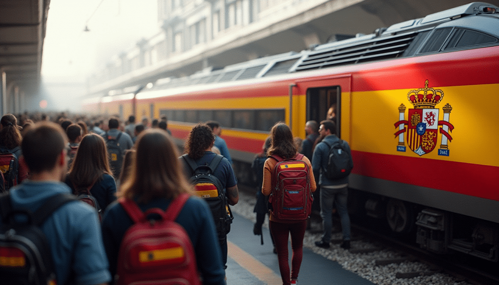 Españoles se marchan en un tren representando la fuga de talento