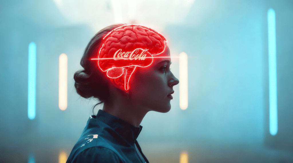 Coca-Cola Create Real Magic: perfil con cerebro holográfico rojo y enfoque IA