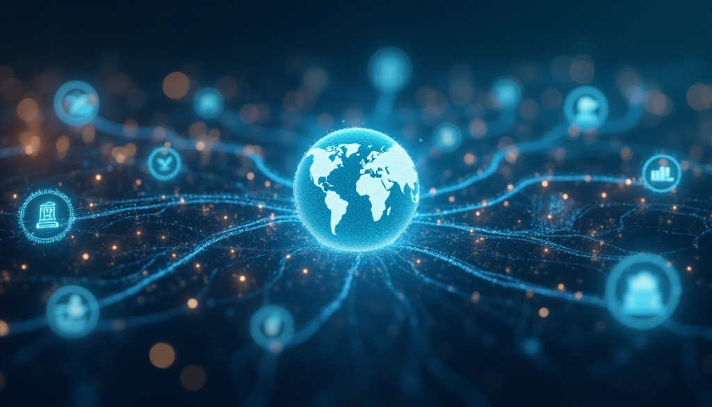 Planeta digital conectado por una red con iconos de banca, datos y huella de carbono
