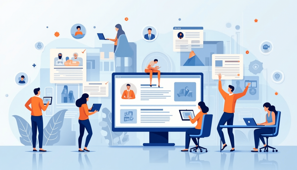 Ilustración de colaboración digital y prospectiva: equipo analizando tendencias futuristas en pantalla
