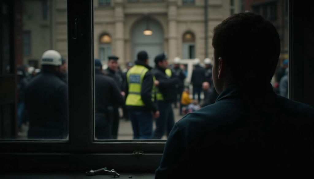Persona observa desde una ventana a policías en la calle, símbolo de vigilancia del Euro Digital en España