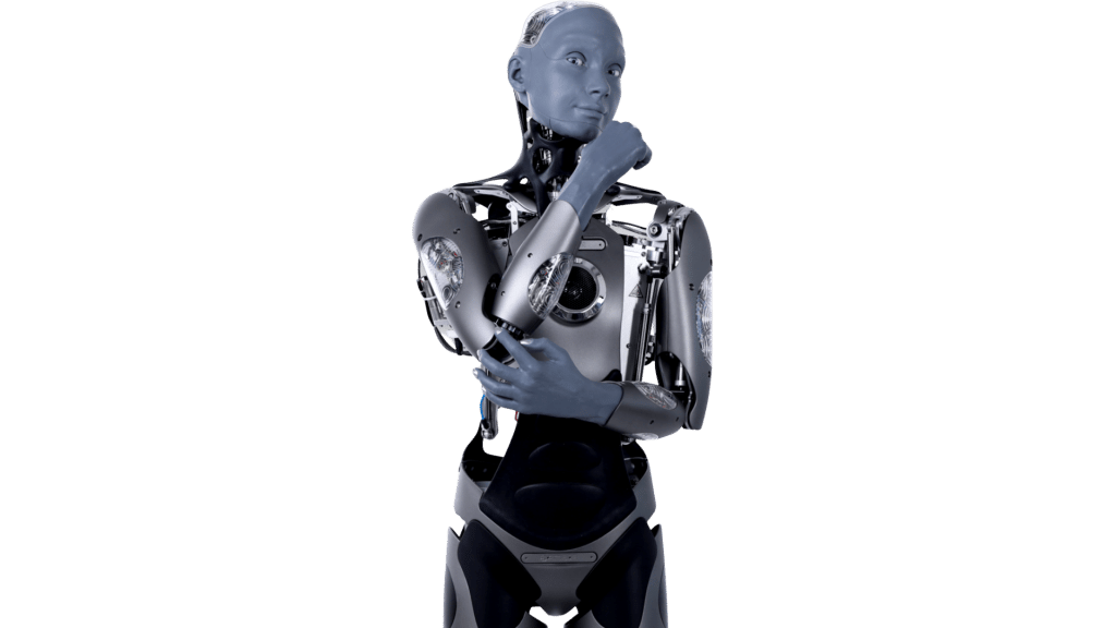 Robot humanoide Ameca en pose pensativa, guía 2025 de robótica e IA