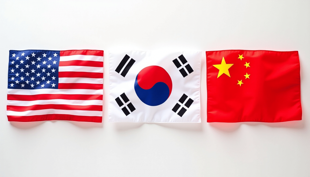 Banderas de EE. UU., Corea del Sur y China alineadas, cultura empresarial